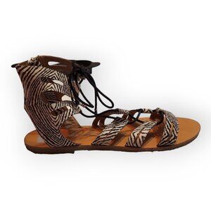 DV Dolce Vita Tan Black Zebra Print Animal Print Lace Up Boho Sandals Size 9